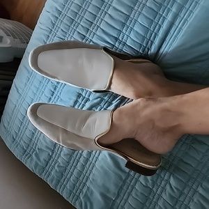 Cole Haan Leather Suede Scuff Slides Block Heel White Tan Gold Size 11